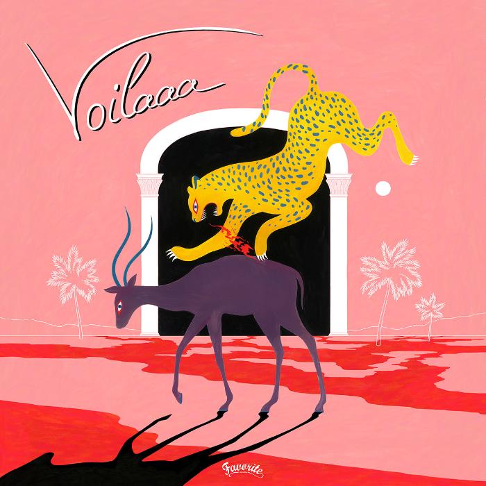 Voilaaa Voiciii vinyl record cover. A colorful, illustrated design featuring a leopard attacking an antelope in a desert landscape. The album title "Voilaaa" and "Voiciii" are displayed in a stylized font.