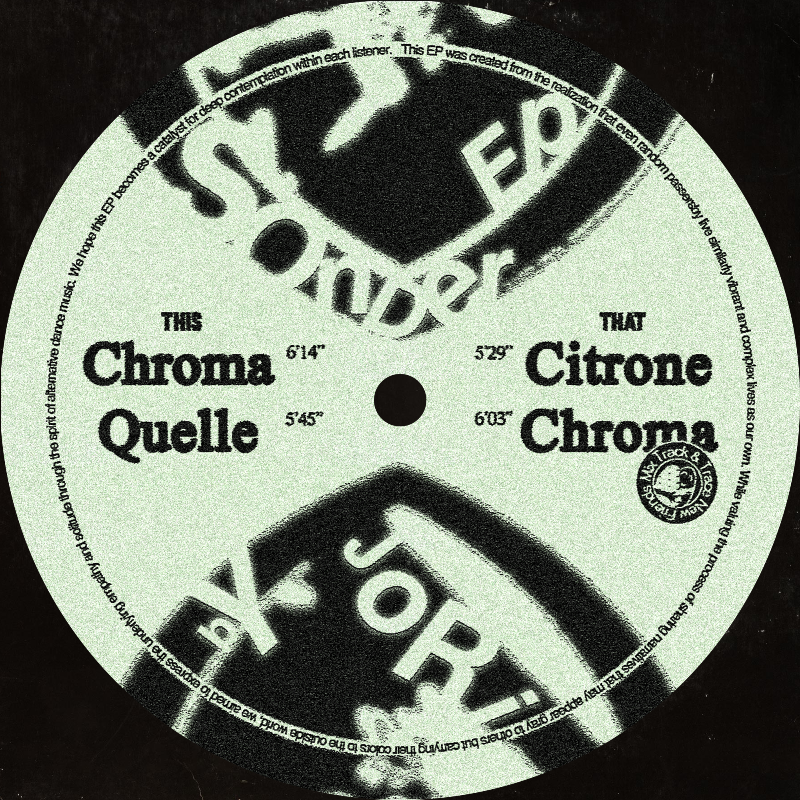 Vinyl record label with text and branding on a black background