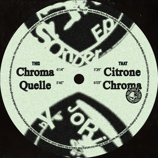 Vinyl record label with text and branding on a black background