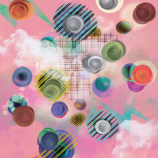 Colorful abstract design with geometric shapes on a pink background