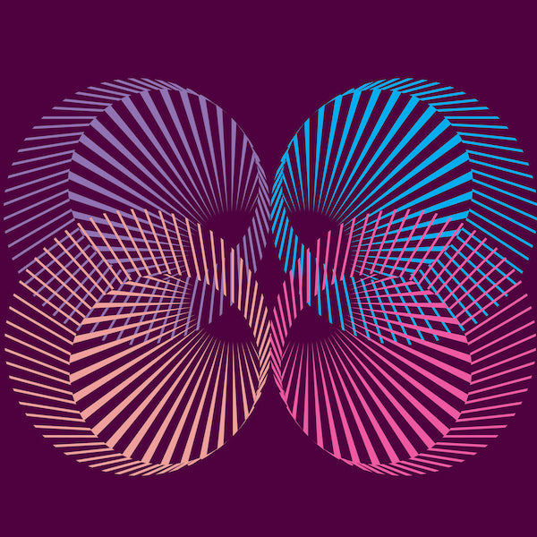 Geometric design with intersecting circles in pink, blue, and purple on a dark background