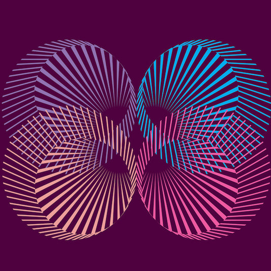 Geometric design with intersecting circles in pink, blue, and purple on a dark background