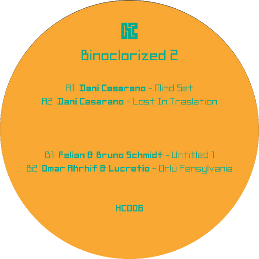 Round orange label with green text displaying tracklist and album details on a white background