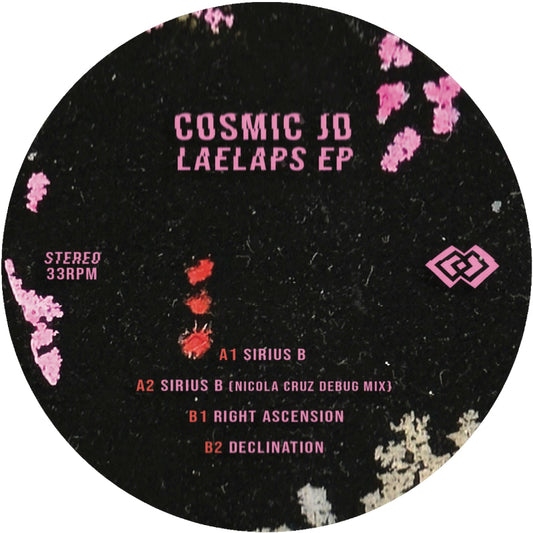 Vinyl record label with text and a logo on a black background