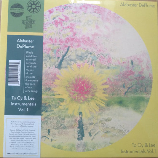 Alabaster DePlume To Cy & Lee: Instrumentals Vol. 1 vinyl record front cover. A minimalist design with a yellow background featuring a colourful image of a person playing a musical instrument in a garden-like setting. The album title, artist name, and track listing are included