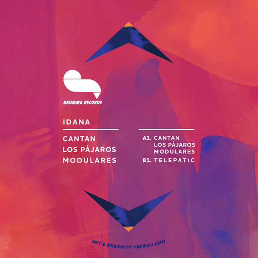 Album cover with abstract design and text on a pink and purple gradient background