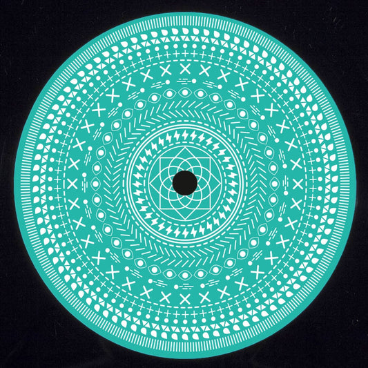 Teal circular design with white patterns on a black background