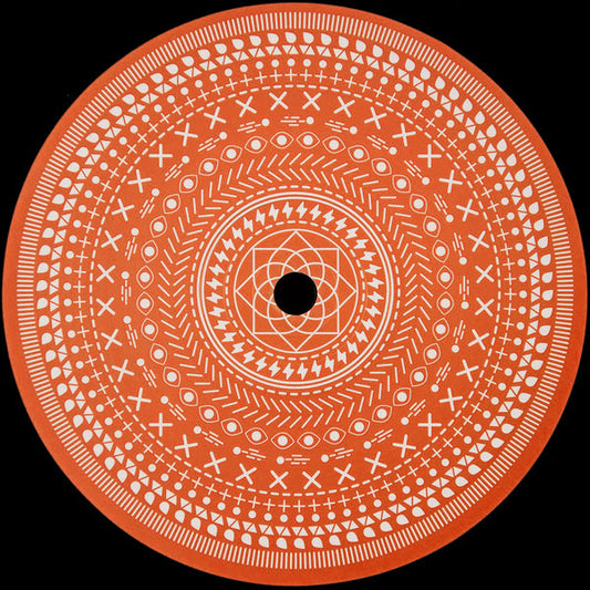 Circular design with white patterns on an orange background