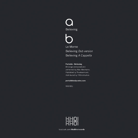 Black album cover with white text and branding for 'Believing' by Le Morne and Portable.