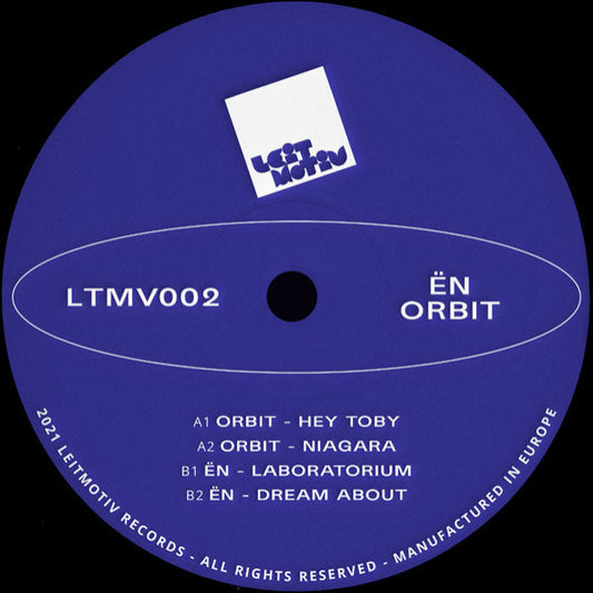 Vinyl record label with text and a logo on a blue background