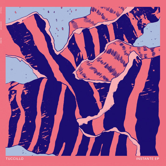 Album cover with abstract design in pink and blue on a pink background, featuring the artist's name 'Tuccillo' and album title 'Instante EP'.