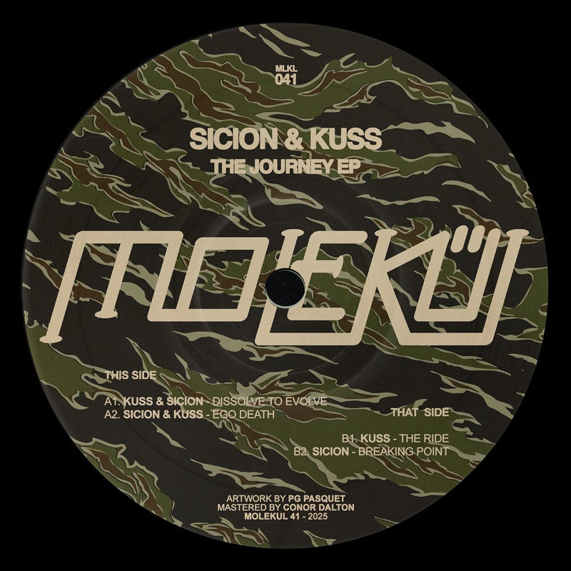 Vinyl record label with camouflage pattern and text