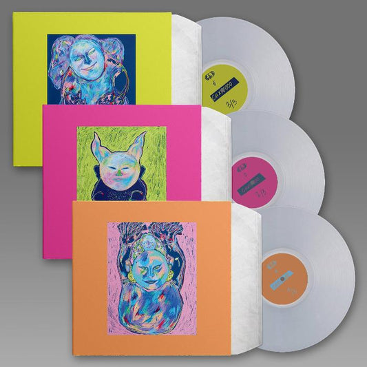 Various Artists Compilation Vol. 1 vinyl record set. A collection of three colorful, abstract illustrations featuring stylized figures on the front covers. 