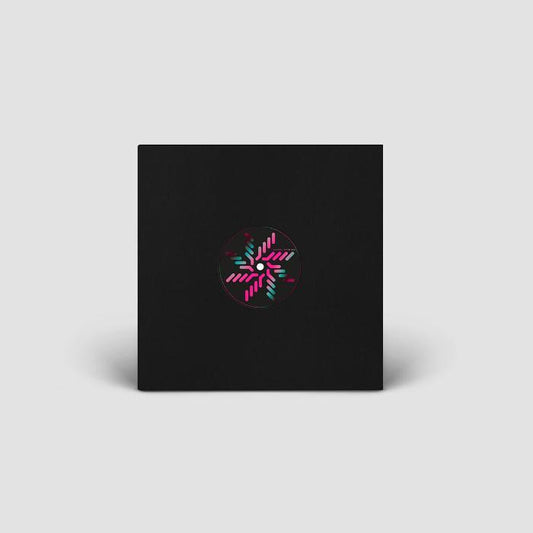 Alarico Drops Of You vinyl record cover. A minimalist design with a black background and a colorful, abstract, geometric pattern in the center.