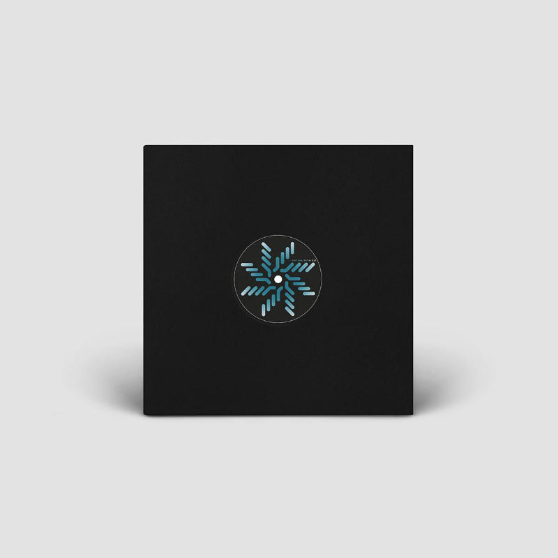 Black square album cover with a blue and white snowflake design in the center on a light gray background