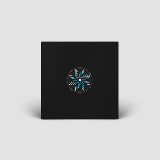 Black square album cover with a blue and white snowflake design in the center on a light gray background
