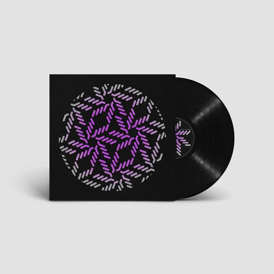 Alpharisc vinyl record cover. A minimalist design with a black background and a purple, geometric, circular pattern