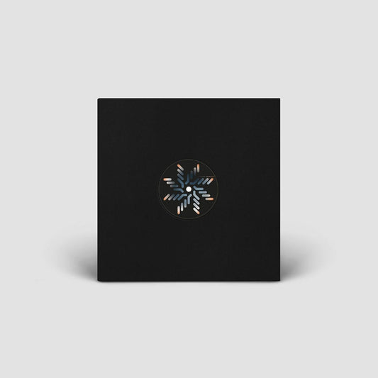 Black square with a circular design in the center on a light gray background