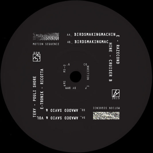 Black vinyl record label with white text and design elements