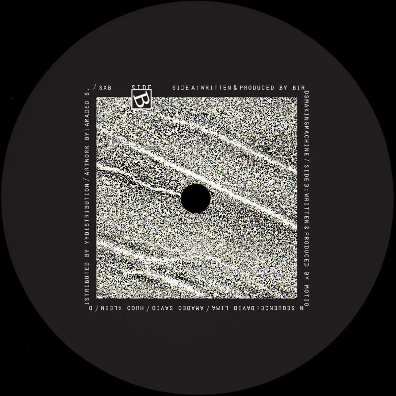 Vinyl record label with text and a black circle on a textured background