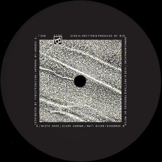 Vinyl record label with text and a black circle on a textured background