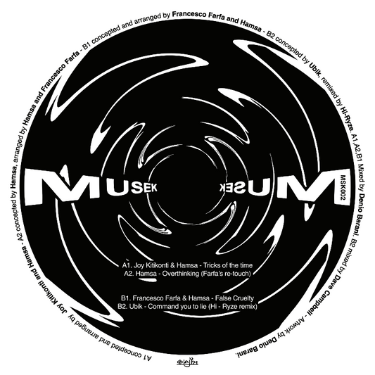 Black and white vinyl record with 'Musek' branding and tracklist on a white background