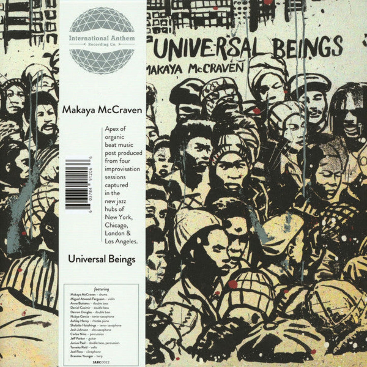 Makaya McCraven Universal Beings vinyl record front cover. A vibrant and colorful collage featuring portraits of musicians, with the album title and artist name prominently displayed. The image highlights the collaborative and diverse nature of the project.