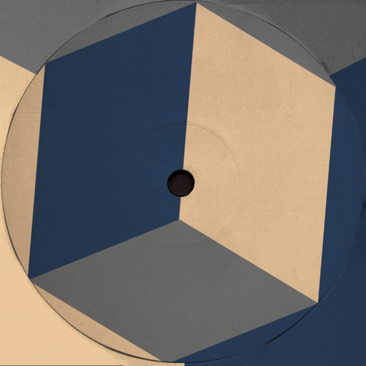 Close-up of a vinyl record with a geometric design on a gray background