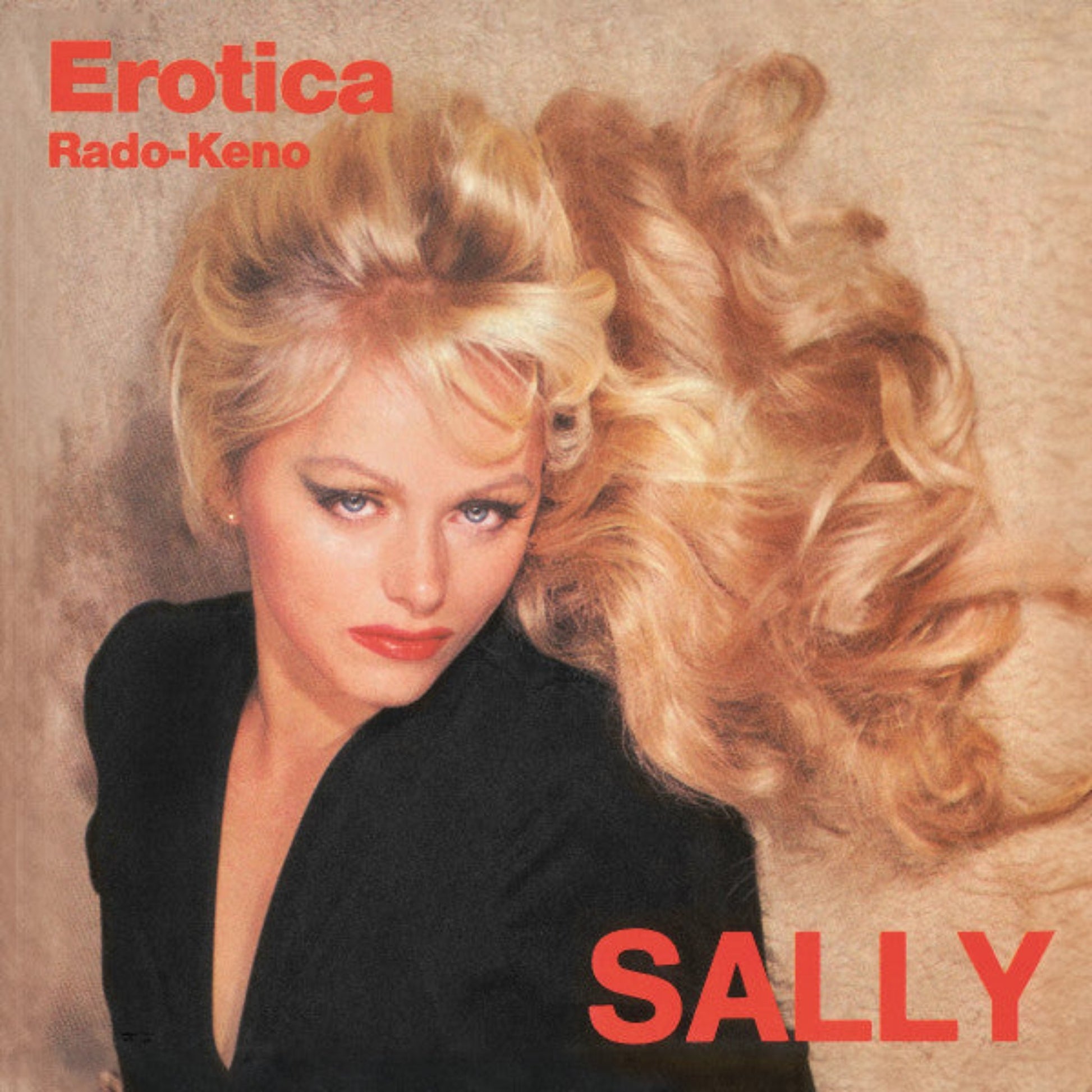 Sally Erotica vinyl record cover. A bold, minimalist design featuring the artist name “Sally” and album title “Erotica” in Red text on a background 