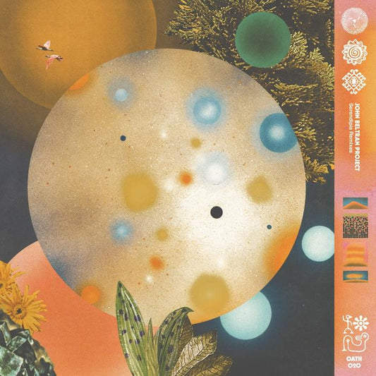 John Beltran Serendipia Remixes vinyl record cover. A psychedelic, collage-style artwork featuring a large, colorful planet surrounded by smaller planets, birds, and plants. The album title "Serendipia Remixes" and the artist name "John Beltran" are displayed in a stylized font.