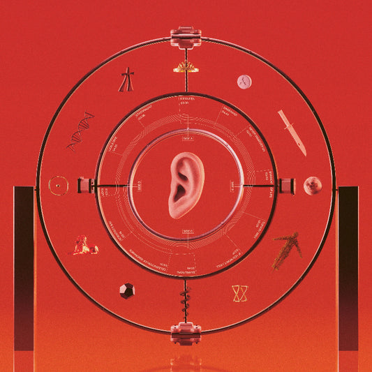 Circular diagram with an ear in the center on a red background
