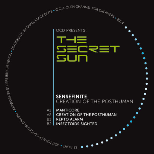 Album cover for 'The Secret Sun' by Sensefinite with green text on a black background