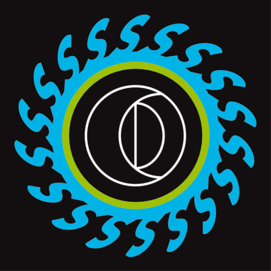 Circular design with blue flames and a central symbol on a black background