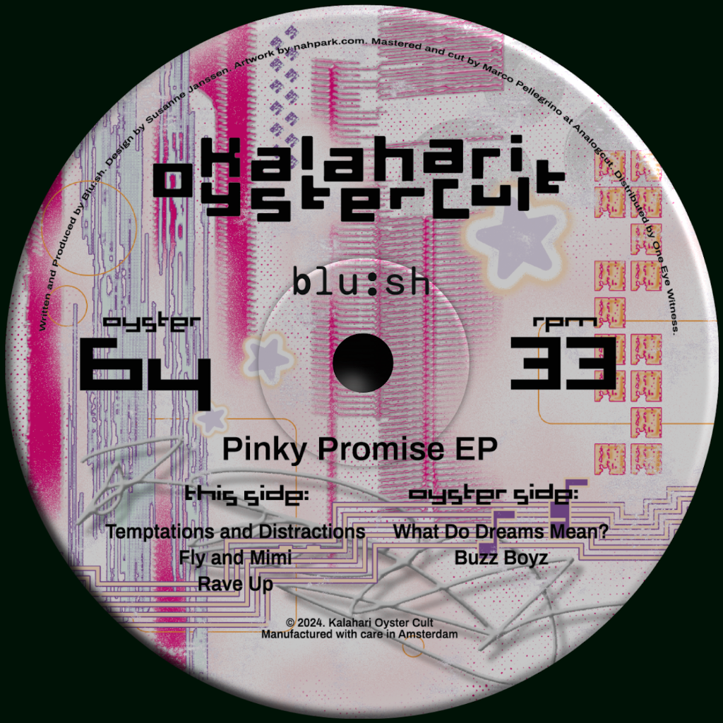 Blu:sh – Pinky Promise vinyl record, released on Kalahari Oyster Cult (OYSTER64). Psychedelic techno and trance-infused grooves. Fast shipping Australia-wide.