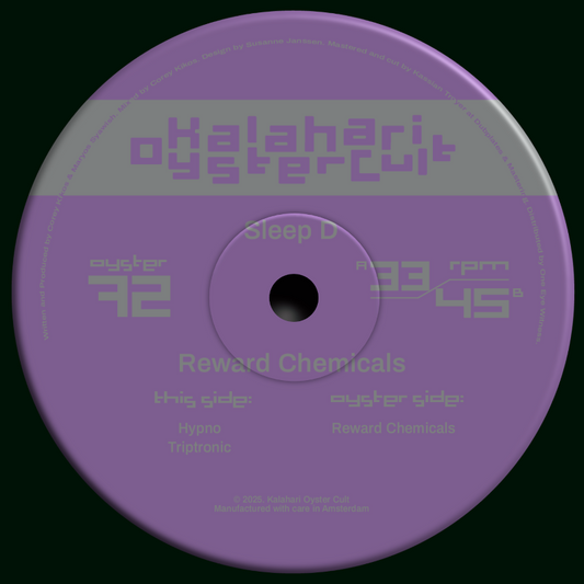 Purple vinyl record with text and branding on a black background