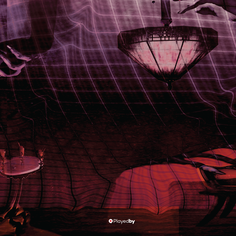 Abstract art with a chandelier and draped fabric in dark tones.