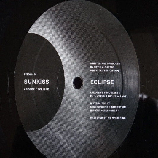 Vinyl record with label text on a black background