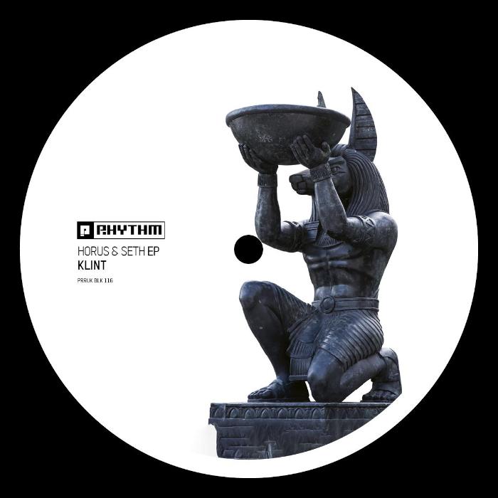 Klint Horus & Seth vinyl record cover. A minimalist design featuring  image of the Egyptian god Horus kneeling on a pedestal. The album title "Horus & Seth" and the artist name "Klint" are displayed in black text.