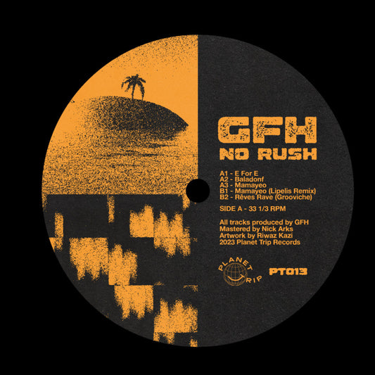 Vinyl record with orange and black design featuring a palm tree and text on a black background