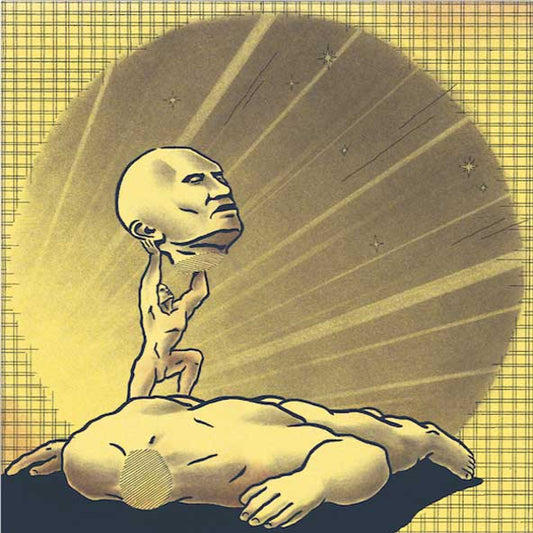 Illustration of a humanoid figure standing on a large hand with a grid background