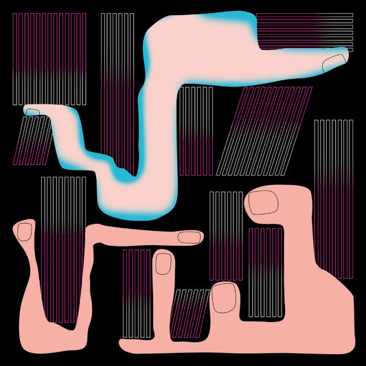 Abstract design of hands holding a rectangular object with geometric patterns on a black background