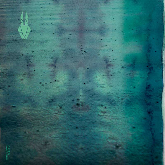 Abstract art with blue and green hues and a logo in the corner.