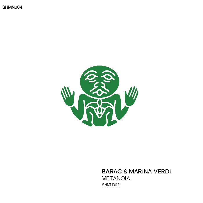 Barac & Marina Verdi Metanoia vinyl record cover. A minimalist design featuring a green, stylized human figure with raised arms on a white background. The album title "Metanoia" and the artists' names "Barac & Marina Verdi" are displayed in black text below.