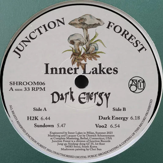 Record label for 'Inner Lakes' by Junction Forest with mushroom illustration on a green background