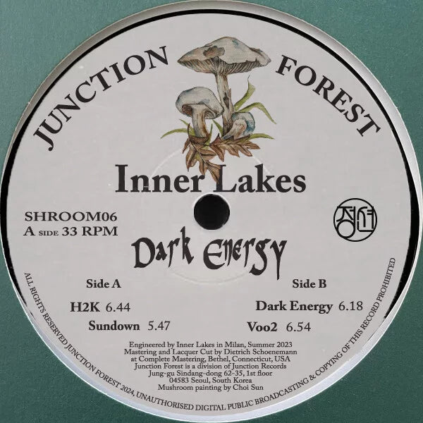 Record label for 'Inner Lakes' by Junction Forest with mushroom illustration on a green background