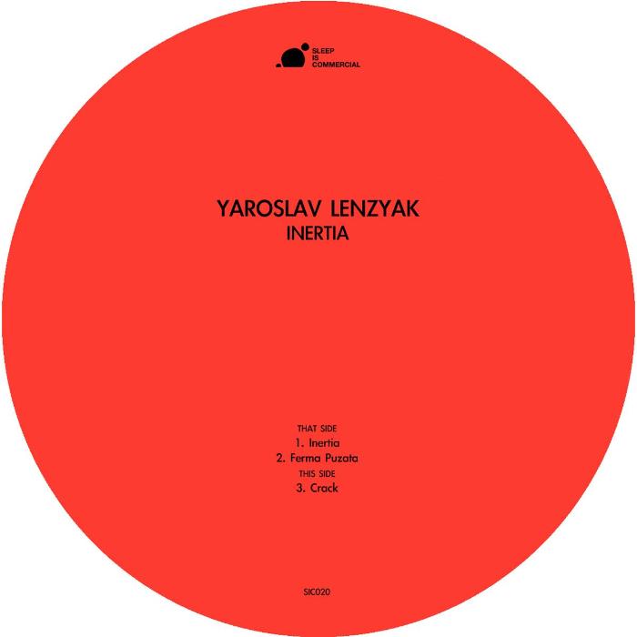 Yaroslav Lenzyak Inertia vinyl record cover. A minimalist design with a red background. The artist name "Yaroslav Lenzyak" and album title "Inertia" are displayed in black text.