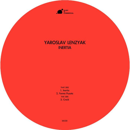 Yaroslav Lenzyak Inertia vinyl record cover. A minimalist design with a red background. The artist name "Yaroslav Lenzyak" and album title "Inertia" are displayed in black text.