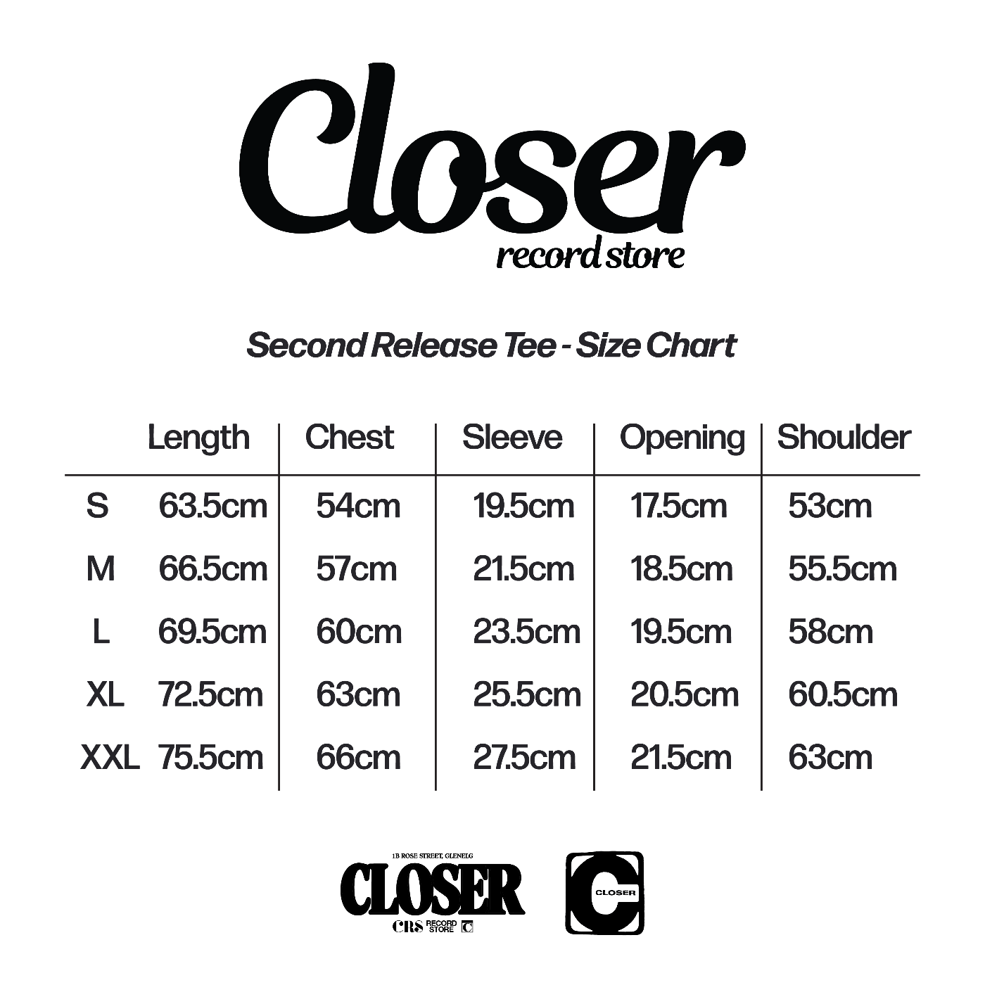 Size chart for a 'Closer' record store second release tee with measurements in centimeters.