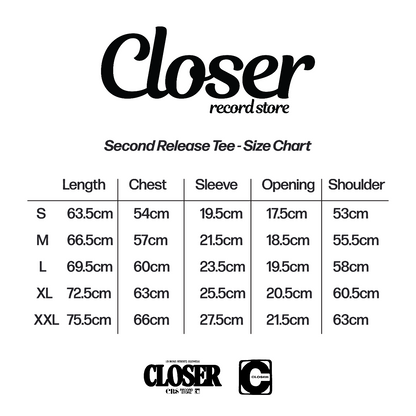 Size chart for a 'Closer' record store second release tee with measurements in centimeters.