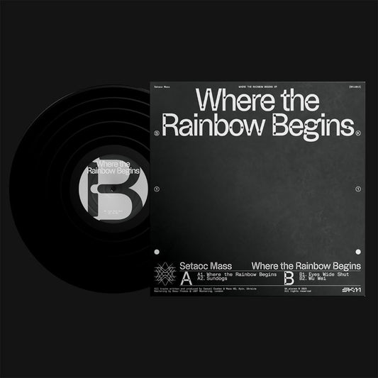 Vinyl record and cover titled 'Where the Rainbow Begins' on a black background